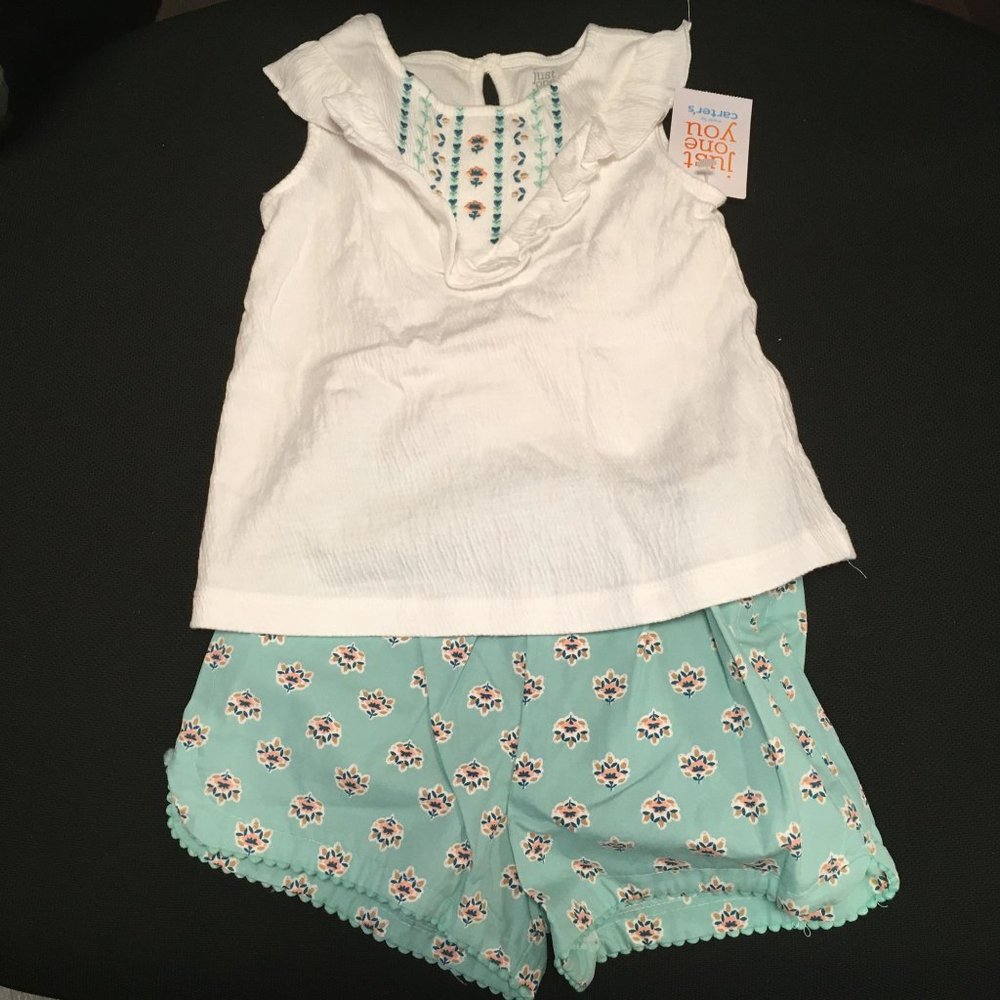 NWT Just One You by Carter's Short Set - White Top & Green Floral Shorts 24 Mos